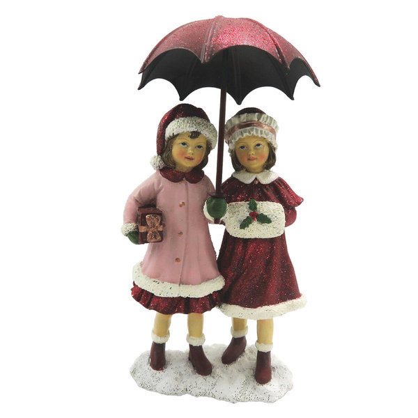 Clayre&Eef Winterkinder mit Regenschirm Rosa/Bordeaux 16x11cm